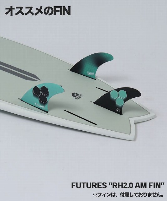 Surfboard with three Futures RH2.0 AM fins in teal and black; Japanese text 'オススメのFIN' at top and caption 'FUTURES "RH2.0 AM FIN"' at bottom.