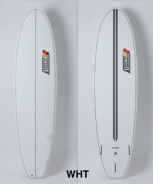 Pair of white surfboards standing upright, one plain and the other with a dark center stringer and Channel Islands logo on the right board.