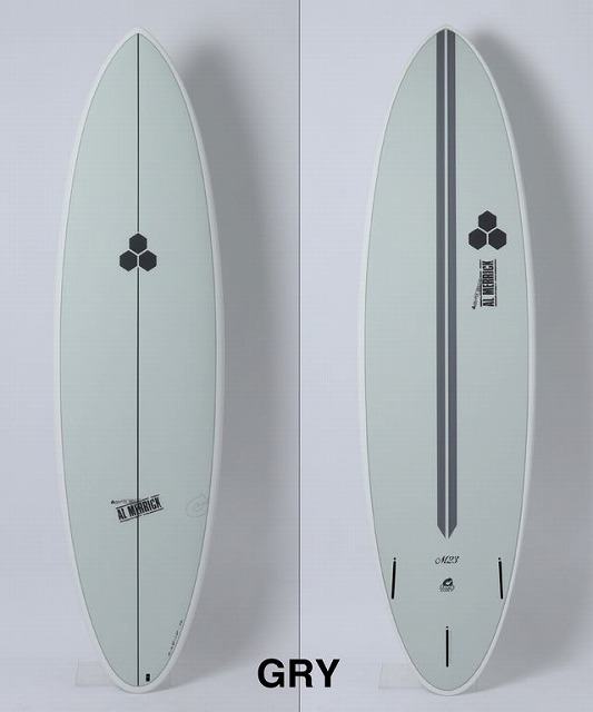 Front and back views of a light green surfboard with a hexagon logo; front shows a single stringer, back has a dark central stripe and fins embedded in the tail area.