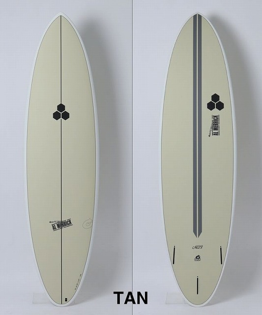 Two tan surfboards standing upright side by side, each with a black hexagon logo and sponsor branding along the board edge.