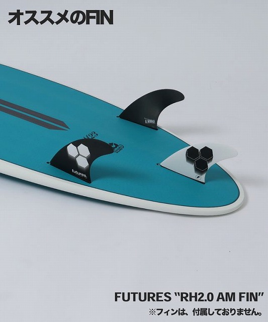 Close-up of a blue surfboard with three fins installed: two honeycomb-pattern side fins and a white tip fin, labeled Futures RH2.0 AM FINs, on a plain backdrop.