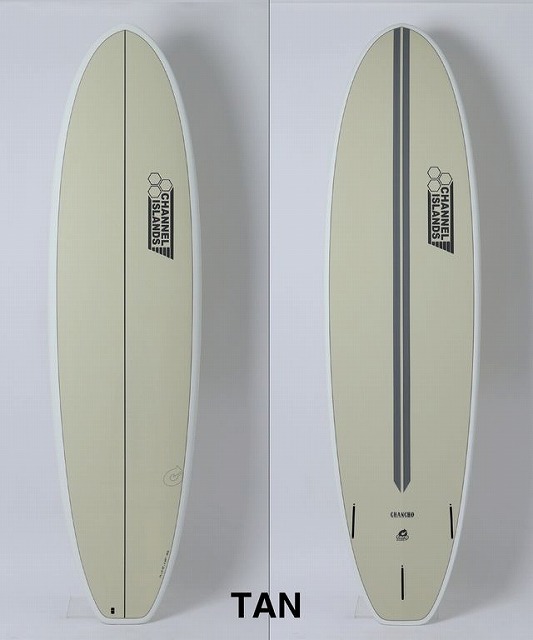 Two tan surfboards with Channel Islands logos shown side by side; left board has a central seam, right board features a dark center stripe and fin boxes.