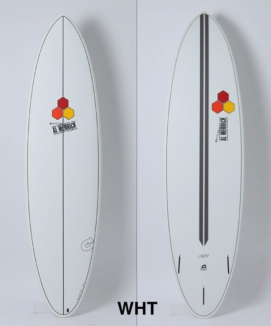 Two white surfboards standing upright side by side; left board has a single center stringer and a red-yellow hex logo, right board has a dark center stripe and the same logo.