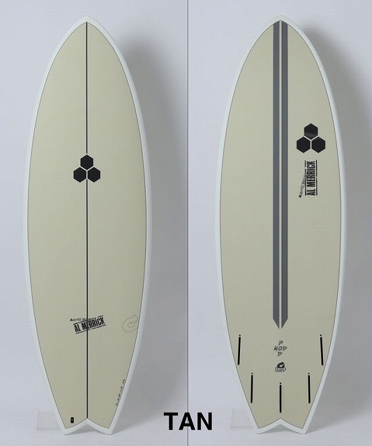 Two tan surfboards shown side by side (front and back). Front has a centered black line and a hex logo; back has two vertical stripes, hex logo, and brand marks.