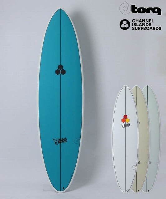 Tall turquoise surfboard on a white backdrop with three smaller white, beige, and light blue boards beside it; logos appear in the top-right corner (Torq and Channel Islands Surfboards).