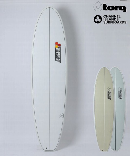 Tall white surfboard with Channel Islands logo, flanked by two smaller beige and light-blue boards.
