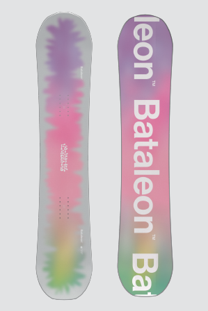Two snowboards standing upright side by side with pastel gradient designs; the right board shows large white 'Bataleon' branding.