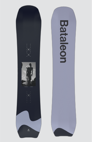 Two snowboards upright side by side: the left one is dark navy with a black‑and‑white poster image and dotted accents; the right one is lavender with 'Battleon' printed vertically.