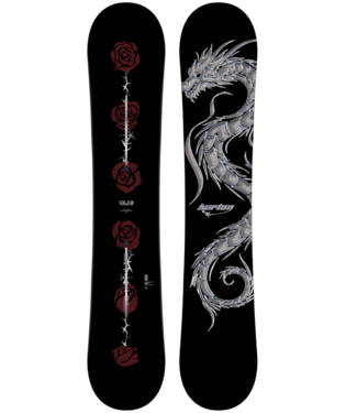 Pair of black skis: left ski has a vertical red rose motif with thorns; right ski features a silver dragon artwork.