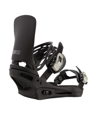 Black snowboard binding with high back, ankle and toe straps visible from a side angle