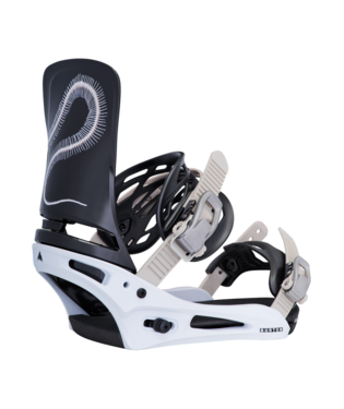 Snowboard binding with white chassis, black highback, and gray straps with ratchets.