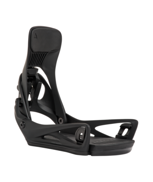 Black snowboard binding with highback, toe strap, and footbed visible for secure foot placement.