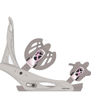 Side view of a Burton snowboard binding mounted on a board, with highback upright and pink padded straps.