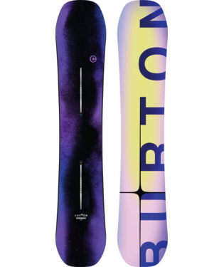 Two snowboards standing upright side by side: left board dark purple with subtle gradient, right board pale yellow with bold blue lettering.