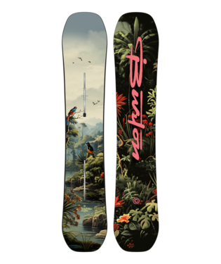 Pair of skis with tropical jungle illustration; left ski shows a waterfall and a climber, right ski features pink script branding over dense foliage.