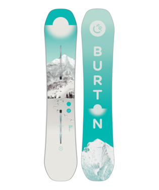 Pair of Burton skis with turquoise gradient and mountain graphics; left ski shows a snowy peak and device markings, right ski features the BURTON branding with clouds at top and bottom.