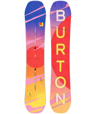 Pair of Burton skis with a vibrant pink-purple-to-yellow gradient and bold BURTON lettering on the right ski.