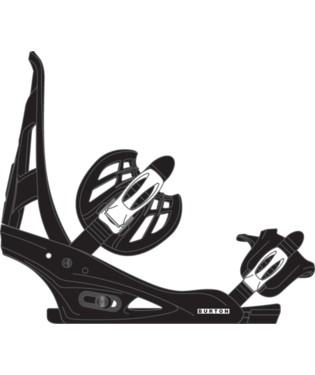 Black snowboard binding with high-back and two straps (ankle and toe) visible, outline-focused illustration.