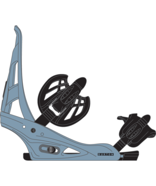 Side view of a blue snowboard binding with black straps and ratchets, mounted on a board edge.