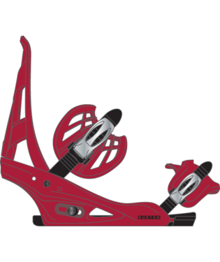 Red snowboard binding with highback, ankle and toe straps, mounted on a black baseplate on a white background.