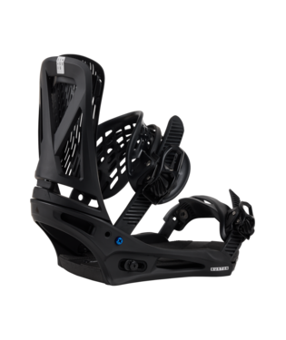 Black snowboard binding with high-back, ankle and toe straps shown in a side view