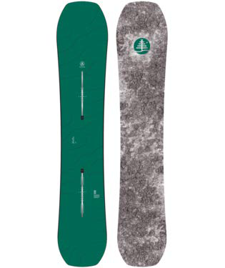 Two snowboards standing upright side by side: left solid green with small vertical graphics, right gray camo with a green tree logo near the top