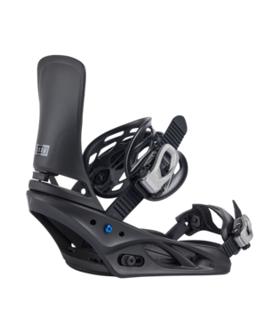 Black snowboard binding with adjustable ankle and toe straps, and tall back, side view
