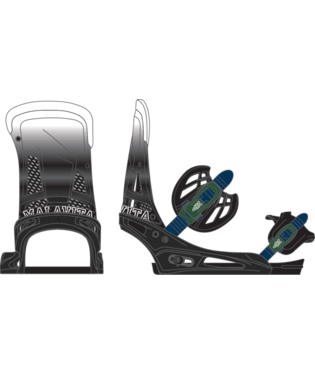 Snowboard with black adjustable bindings mounted, shown from side and rear views