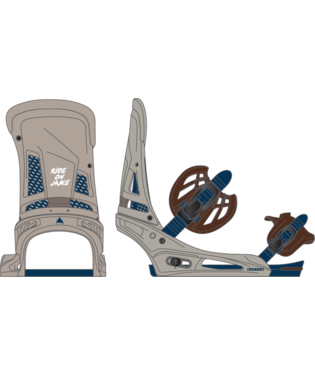 Illustration of a snowboard binding with highback, ankle and toe straps, and baseplate in gray and blue, shown from front and side views.