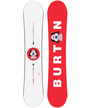 Two Burton snowboards standing upright: a white board with panda logo and syringe motifs, and a red board with vertical BURTON text and a panda graphic on it.