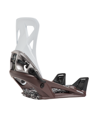 Snowboard binding with white highback and brown chassis, shown at an angle on a board.