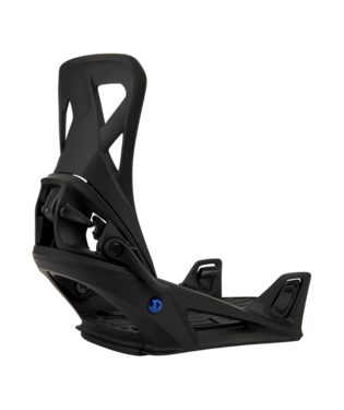 Black snowboard binding with a highback, toe strap, and ratchets visible against a white background