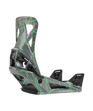 Side view of a snowboard binding with a black frame and neon green graphic lines on the highback and baseplate.