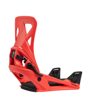 Orange snowboard binding shown from the side, featuring a highback, ankle strap, and toe ramp/strap system