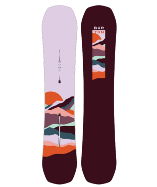 Pair of skis with colorful mountain landscape graphics: one lavender with white base, the other dark burgundy with a stacked mountain image and Burton logo