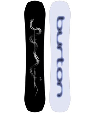 Two snowboards standing upright side by side: a black board with a white snake-like skeleton graphic, and a light-blue board with vertical blue abstract lettering.