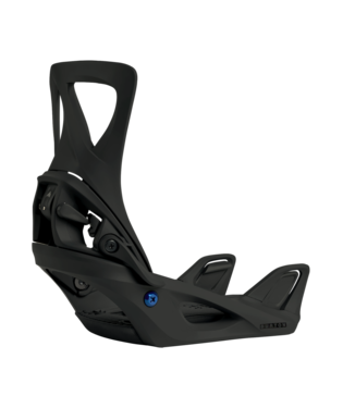 Black snowboard binding with highback, ankle strap, and ratchet buckles in profile view.