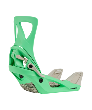Green snowboard binding shown from the side with highback, straps, and baseplate