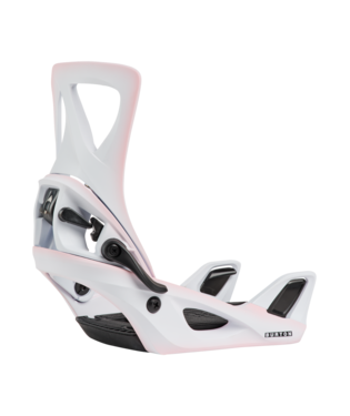 White snowboarding binding with pink accents, showing highback, ankle strap, and baseplate (product image).