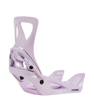 Purple snowboard binding with ankle and toe straps and a tall highback, mounted for use on a snowboard.