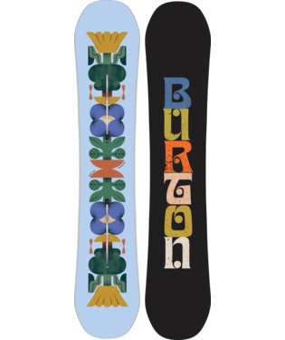 Two snowboards side by side; left: light blue with a vertical totem graphic, right: black with colorful BURTON logo.