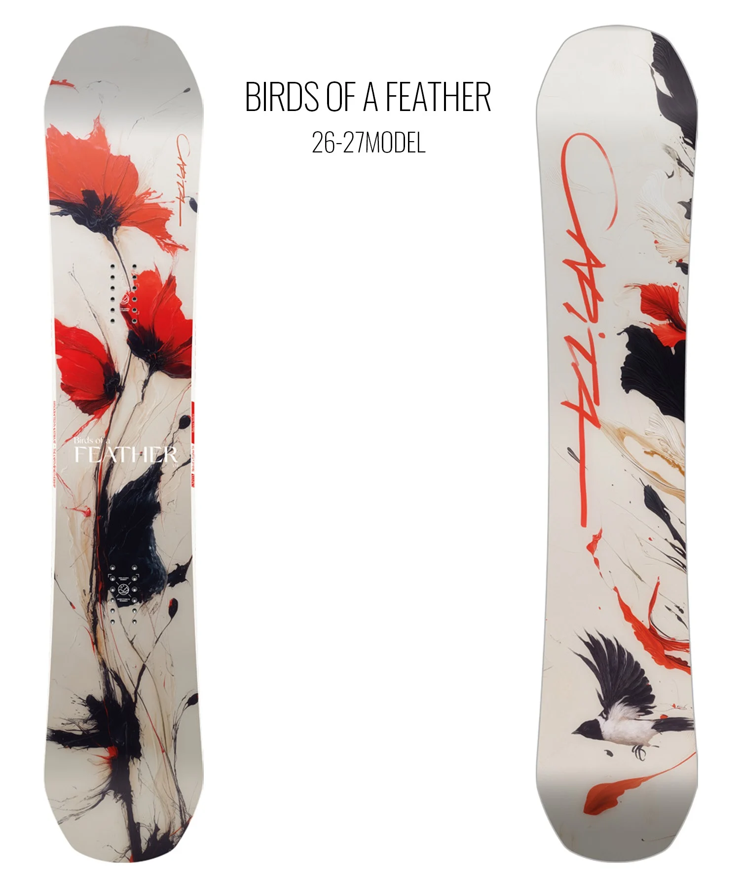Two snowboards with abstract red, black, and white feather/bird graphics, labeled 'Birds of a Feather' 26-27 model in the center.