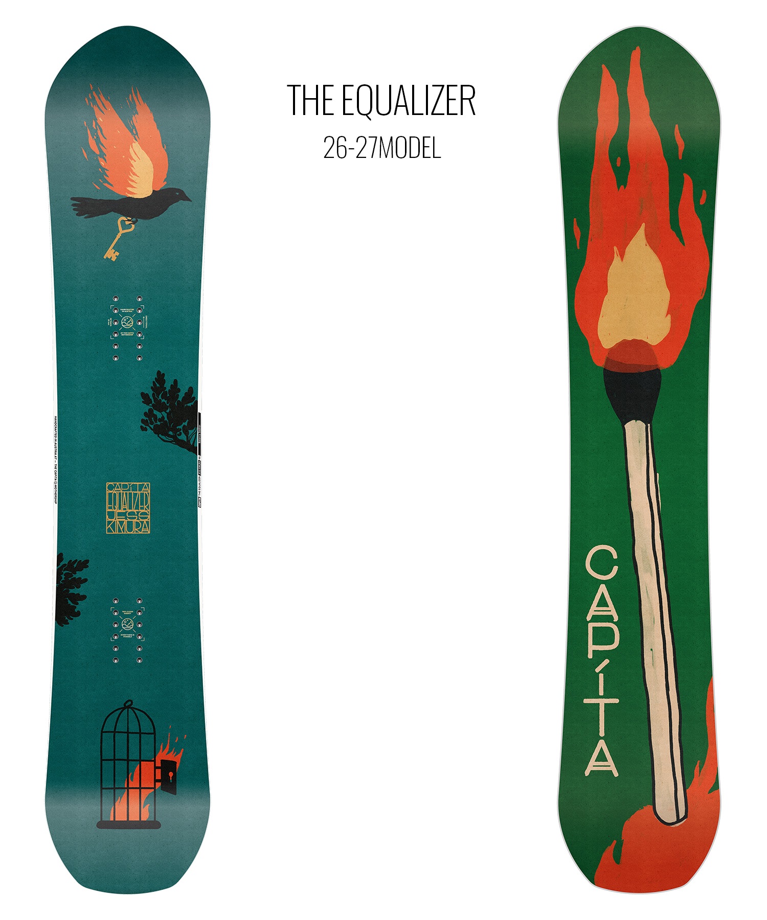 Pair of snowboards shown side by side: left teal board with a bird, key, and cage motifs; right green board with a large flame and a lit matchstick, CAPiTA branding.
