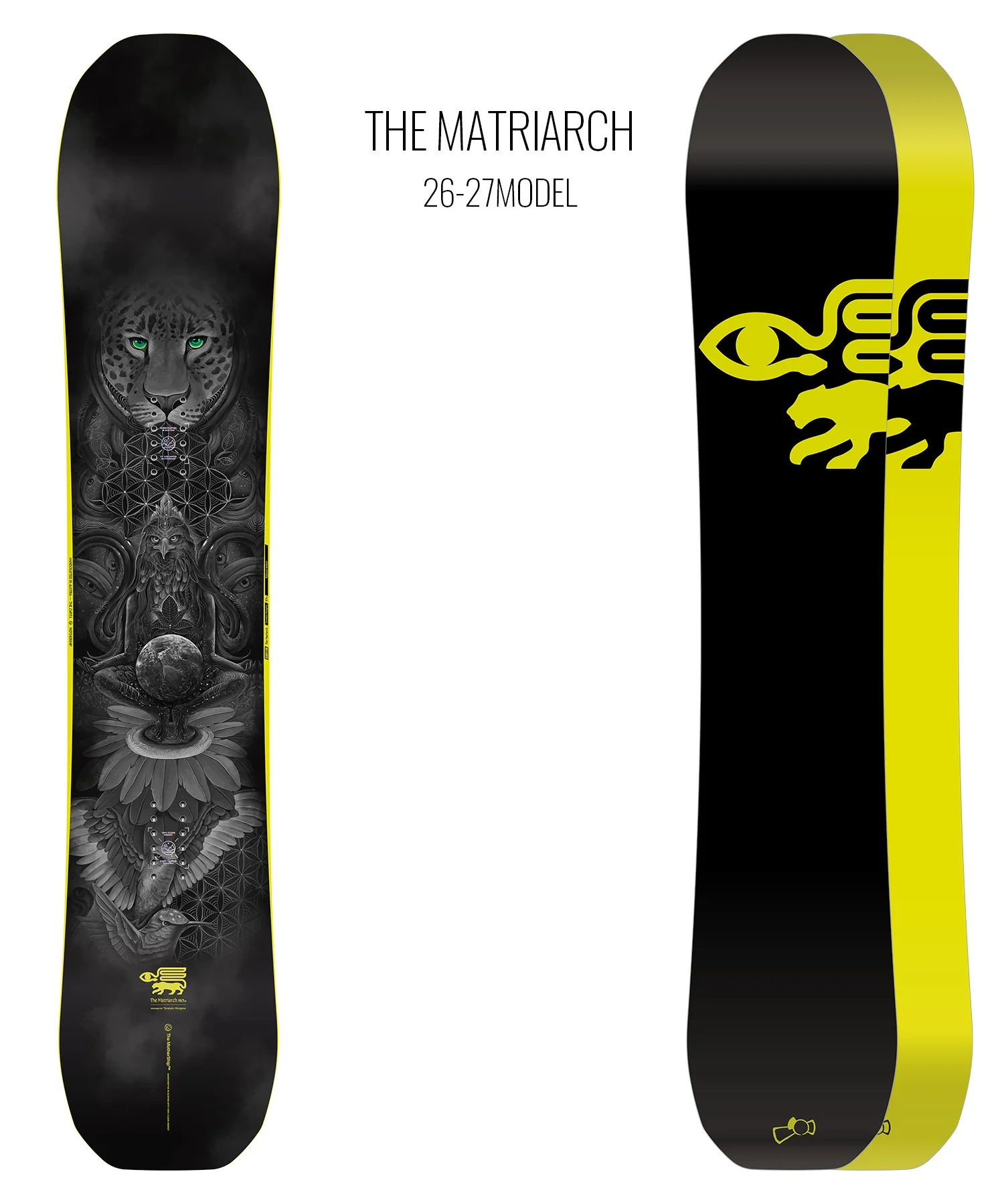 Pair of snowboards for The Matriarch 26-27 model, shown front and back: left board has grayscale, intricate animal/flower artwork with green eyes; right board has black-to-yellow gradient with a bold yellow graphic.
