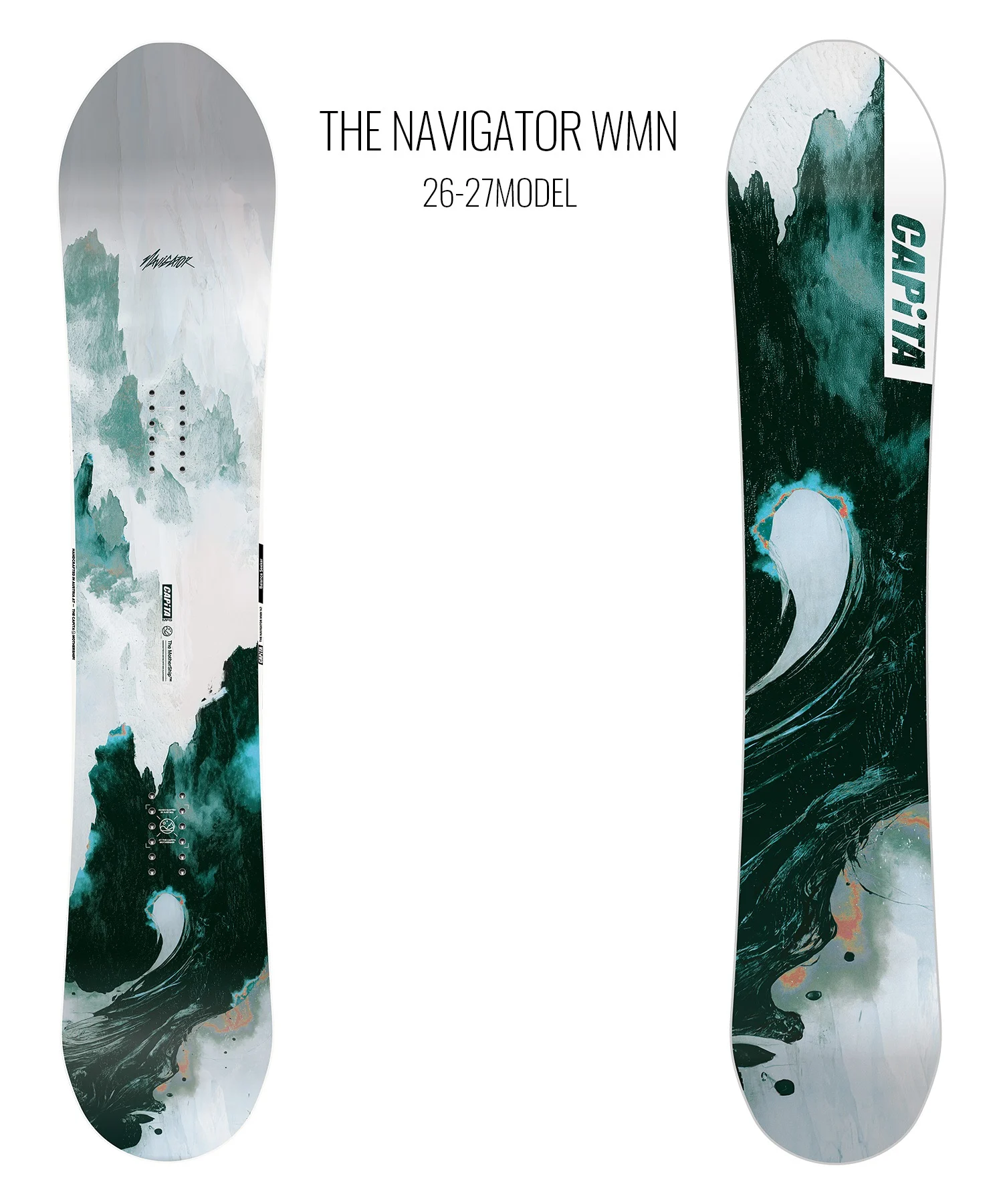 Pair of CAPiTA Navigator WMN snowboards 26-27 model with teal wave artwork and branding, shown front and back.