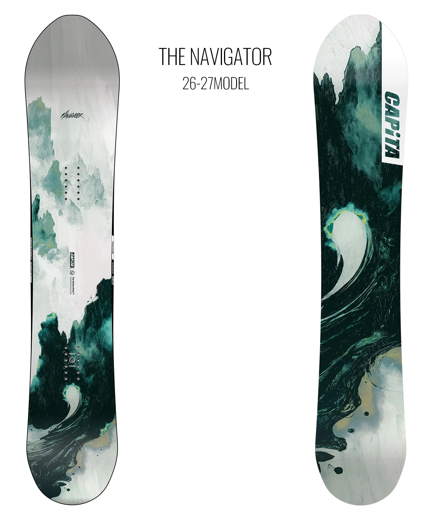 Two Capita The Navigator 26-27 model snowboards with teal ocean wave artwork, shown upright from front and back.
