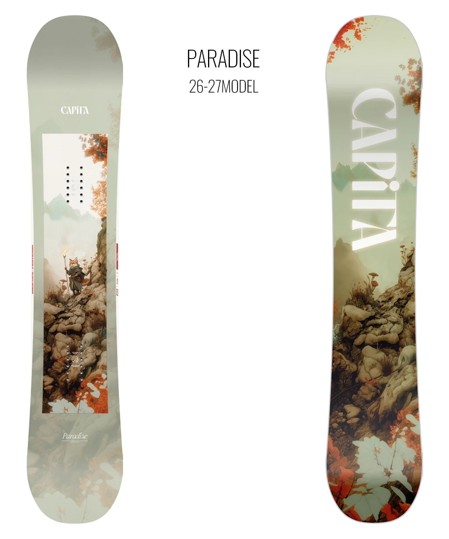 CAPiTA Paradise snowboard 26-27 model, shown from both sides with nature-inspired artwork and mountain scene.