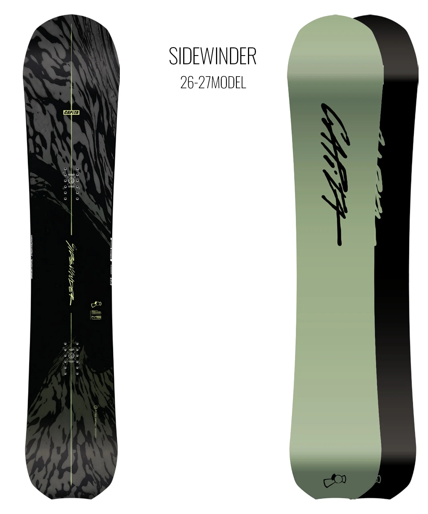 Two Sidewinder snowboard models, 26–27: left board is black with an abstract camo pattern; right board features a green gradient with a black signature logo.