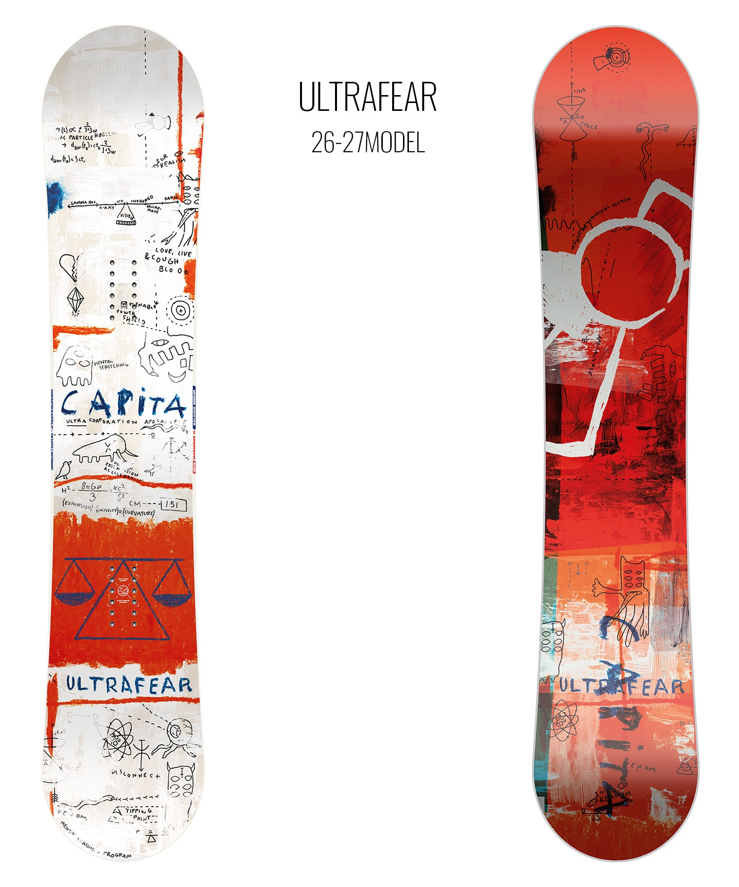 Two snowboard decks with abstract sketches: left board white with orange accents and blue drawings, right board red with layered art; the text 'ULTRAFEAR 26-27 MODEL' appears between them.