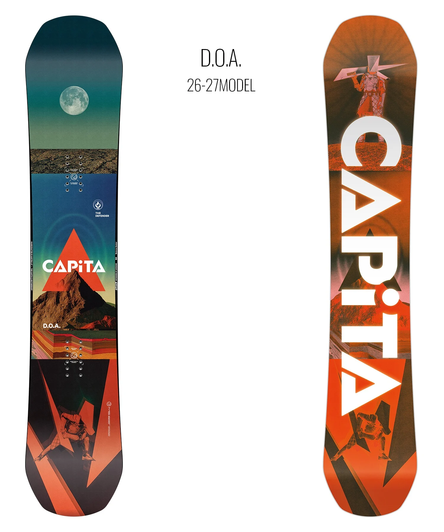 Two Capita snowboards displayed upright side by side: the left board features a gradient sky, a moon, a desert stripe and a red triangle with Capita branding; the right board has bold white CAPiTA lettering over an orange landscape.